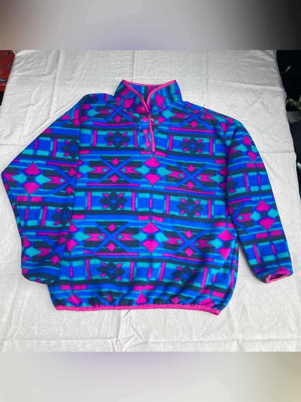 Vintage Pattern Fleece Pullover - Blue & Pink Pacific Outfitters gorpcore M
